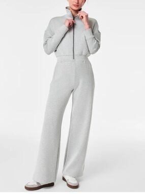 NWT Spanx Air Essentials Heather Gray Silver Zip Long Sleeve Wide Leg Jumpsuit M